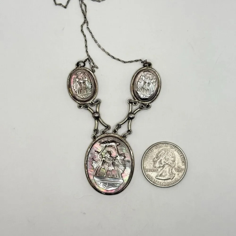Antique Three Graces Carved Mother of Pearl MOP 800 Silver 3 Cameo Necklace Vtg
